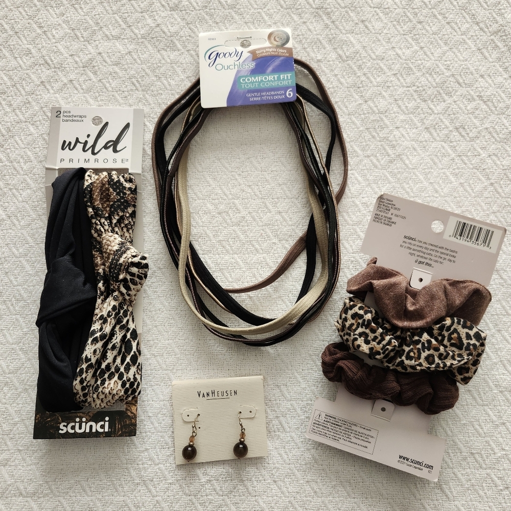 ASSORTED Neutrals Hair Accessories and Earrings Bundle (Goody, Scunci)